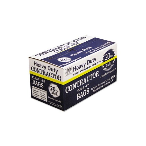 Webster Industries AEP Ind, HEAVY-DUTY CONTRACTOR CLEAN-UP BAGS, 60 GAL, 3 MIL, 32in X 50in, BLACK, 20PK 186470 - main